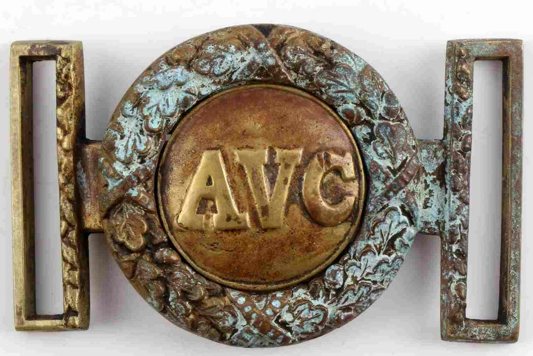 CONFEDERATE ALABAMA VOLUNTEER CORPS BELT BUCKLE: AVC Alabama Volunteer Corps belt buckle. Brass construction with oxidation. Reverse marked with number but difficult to read. Measures 3 1/4 inches. Very good condition. Unauthenticated, sold as is.