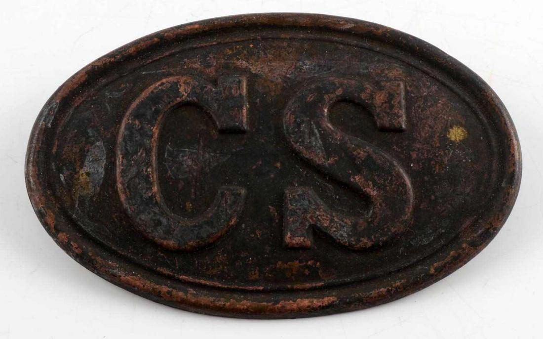 CONFEDERATE STATES CIVIL WAR CS CARTRIDGE BOX BELT: Measures 3 3/8 inches wide X 2 1/8 inches tall. The front shows the letters 'CS' in the center of the oval belt plate. This would have been mounted onto the front flap of the leather cartridge box. Un