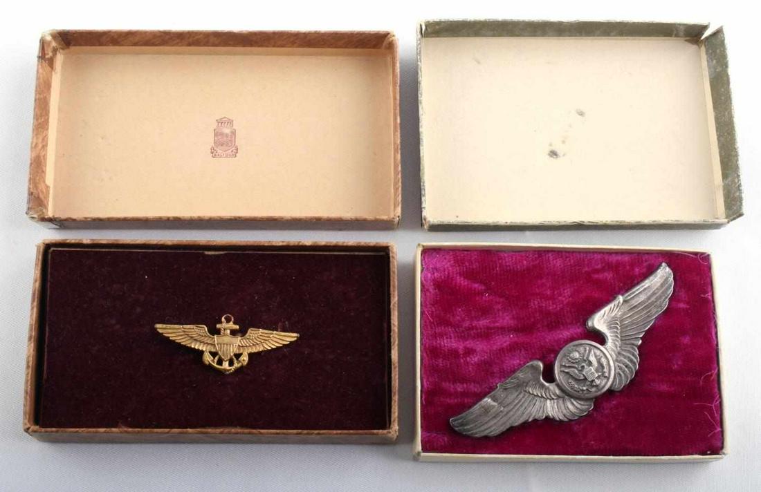WWII BOXED STERLING AAC AIR CREW WINGS & USN PILOT: The USN pilot is in original Balfour box, pin back and says gold filled only, 1 1/2 inch, box has a loose flap, the second is an unmarked box, as is the 3 inch air crew wings, however they acid test f
