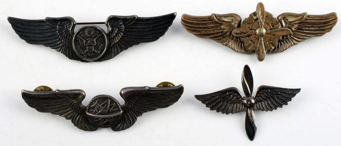 WWII NAVIGATOR MECHANIC CREW CADET PILOT WINGS: All either stamped sterling , Navigator stamped sterling 3 inch, clutch back, mechanic is pinback NS Meyer, Air Crew , pinback sterling, cadet cap insignia is stamped sterling.