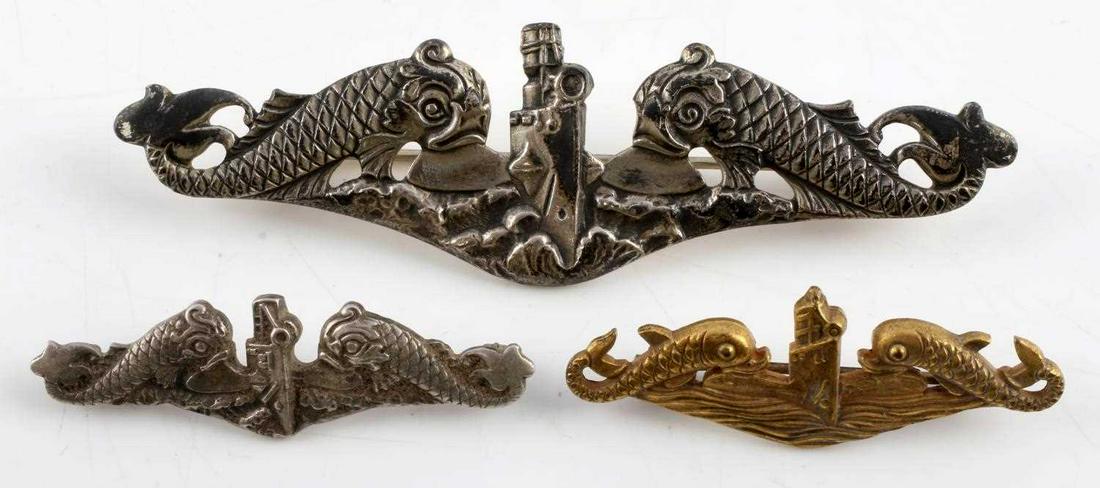 LOT 3 WWII STERLING TWIN DOLPHIN SUBMARINE BADGE: Includes very nice Meyer sterling 2 3/4 inches, pin back, Balfour sterling without pin 1 1/2 inch, 1 1/2 inch H-H imperial gold fill officer.