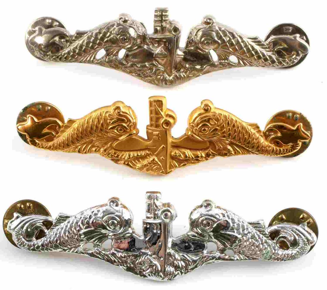 3 VIETNAM TWIN DOLPHIN SUBMARINE STERLING BADGES: All 2 1/2 inches all clutch back , maker Gemsco, Balfour on Gold fill officers badge, and third EM sterling 278 stamped.