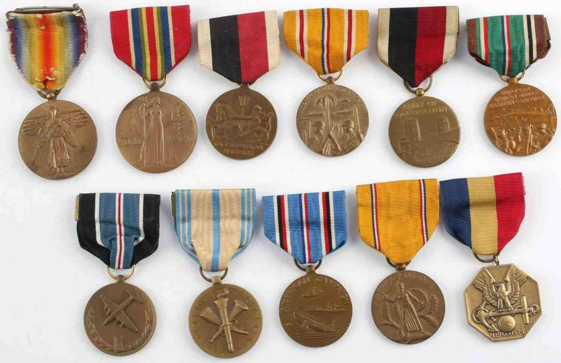 11 WWI WWII CAMPAIGN OCCUPATION AND VICTORY MEDALS: Lot features 11 medals: WWI Victory, WWII Victory, American Campaign, Asiatic Pacific, European African Middle Eastern, American Defense, Berlin Occupation, Heroism, Humane Action, and Heroism. Unname