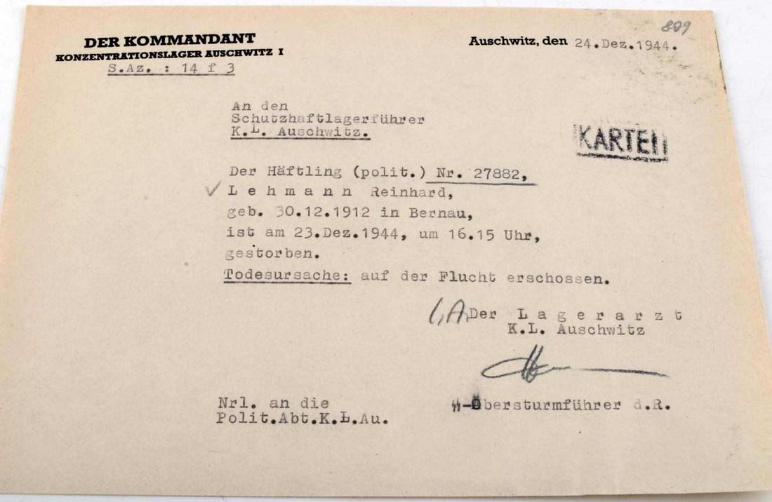 WWII GERMAN AUSCHWITZ CAMP DEATH CERTIFICATE: Third Reich Jewish Death Certificate. For Reinhard Lehmann. Was shot while fleeing. Very good condition. Measures 6 X 8 inches. Unauthenticated, sold as is. This lot has a reserve.