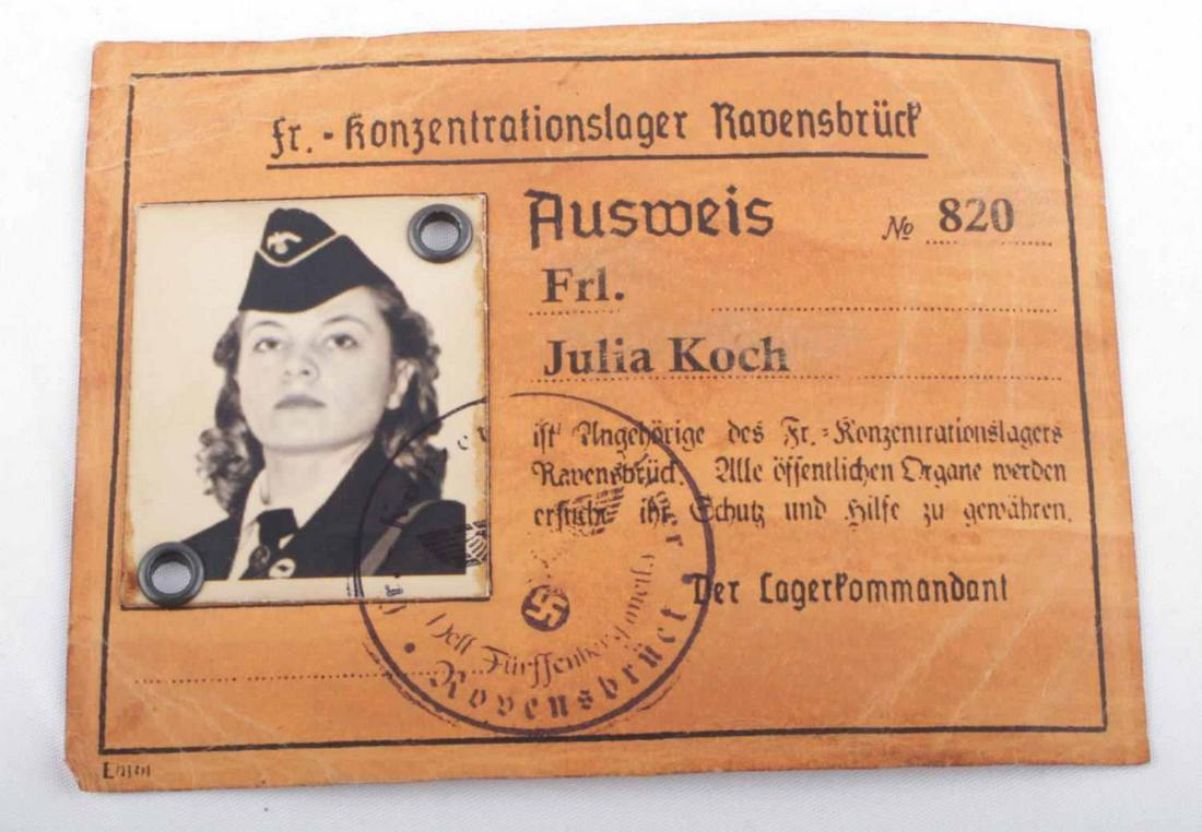 WWII THIRD REICH GERMAN AUSWEIS GUARD ID NAMED: Ausweis guard ID named to Julia Koch, no. 820, with photo and 2 perforations for attaching. Measures 4 7/8 X 3 3/4 inches. Good condition. Unauthenticated, sold as is.