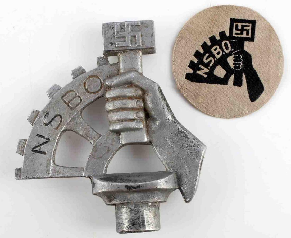 WWII GERMAN THIRD REICH NSBO FLAG POLE FINIAL: WWII German Third Reich N.S.B.O. labor front flag finial and patch. Finial obverse shows labor front emblem, reads "NSBO". Inverse shows the back of emblem and has a mark at the base that reads "HFLBI