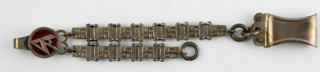 WWII GERMAN THIRD REICH NSDAP SA DAGGER HANGERS: WWII German Third Reich SA Dagger Hangers, measure approx. 8.5 inches at the longest. NSDAP emblems on each link, with the SA insignia on the top hanger clip. There are five markings on the reverse re