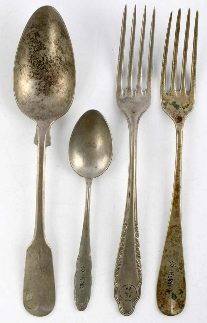 4 WWII GERMAN WAFFEN SS REICH SS FORKS AND SPOONS: Three (2 spoons and 1 fork) WWII German Reich-SS silver ware. SS-Reich marked to the handles with each having maker marks to the reverse. One Waffen-SS fork with SS runes to the handle and maker marke
