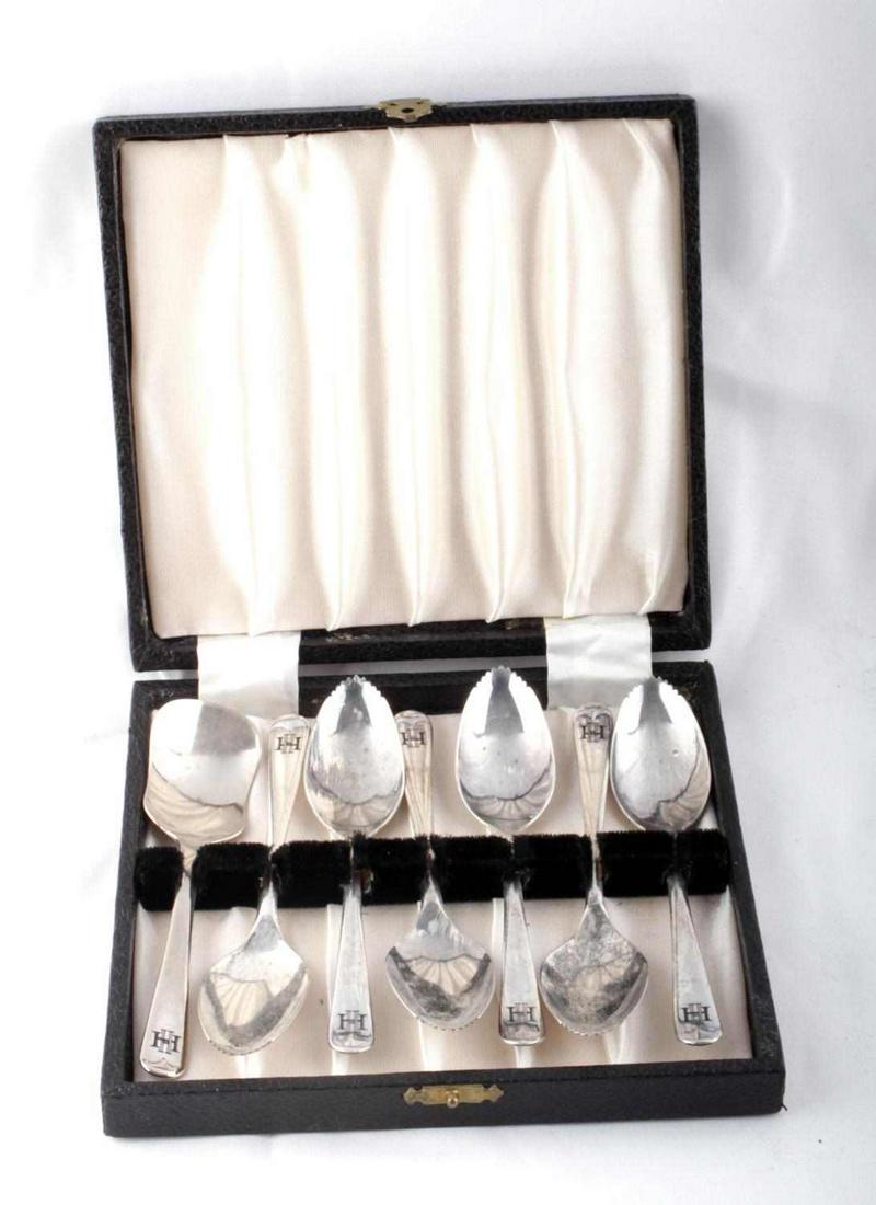 WWII GERMAN THIRD REICH HIMMLER SILVERWARE IN BOX: WWII German Third Reich Heinrich Himmler Silverware in Box, lot includes; (6) Grapefruit style, serrated edge spoons. Measure approx. 5.25 inches, obverse of handle has "HH" initials purportedly for H