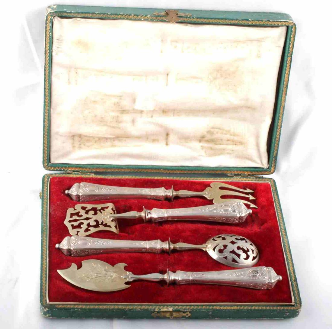 WWII THIRD REICH GORING SILVERWARE SERVING SET 4PC: WWII Third Reich Goring Silverware Fish Serving / Dining Set, includes 4 pieces of silverware variations for serving and dining fish. Each piece is decorated with an ornate filigree design. Handles ar