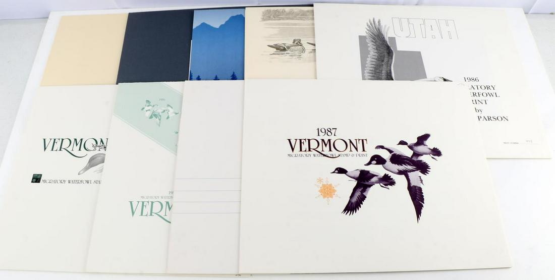 LOT OF 9 SIGNED DUCK STAMP FOLIO PRINTS 1980S: Lot of 9 duck prints signed and numbered, with two stamps each in folder. Page measures 14 X 12 inches, image measures 9 X 6.5 inches. Artists include: Robert Bateman X 3, James Meger, Leon Parson, Ji