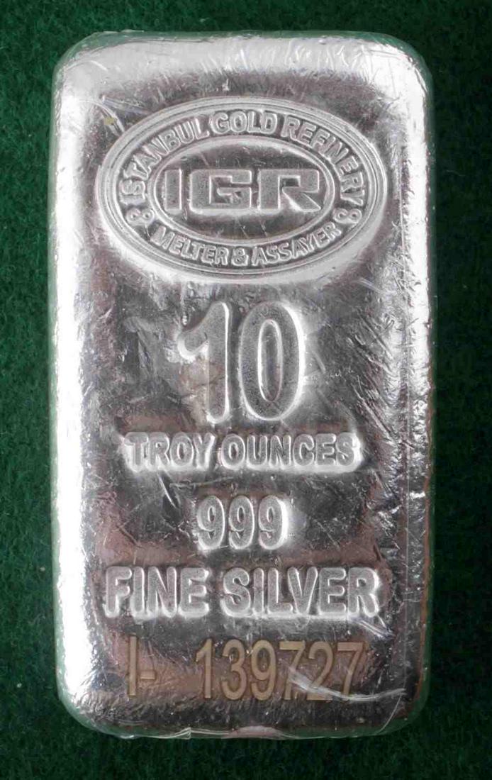 10 OZT TROY OUNCES FINE SILVER BULLION BAR: IGR Refinery, 999 fine silver serial no. I-139727