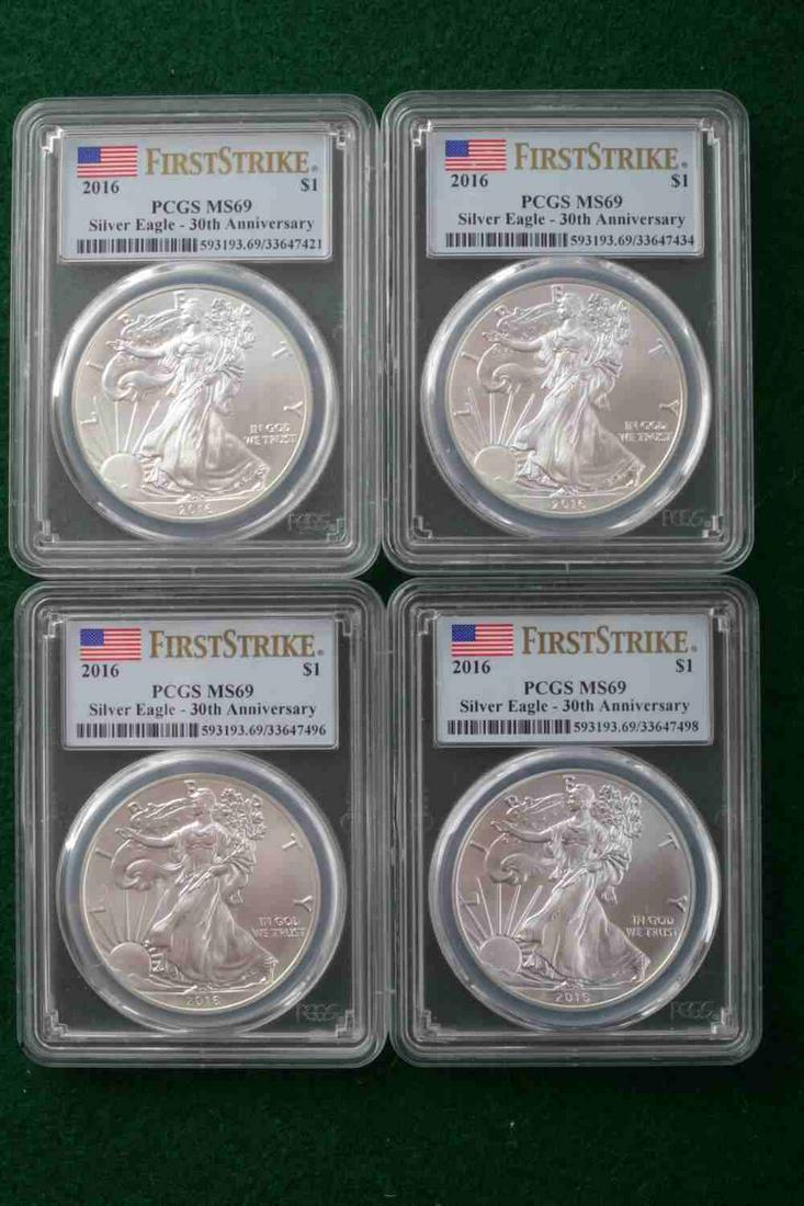4 SILVER EAGLE 2016 1ST STRIKE PCGS MS69 30TH ANN: 4 PCGS graded and encapsulated Silver Eagle 2016 30th Anniversary MS69 .999 fine silver coins