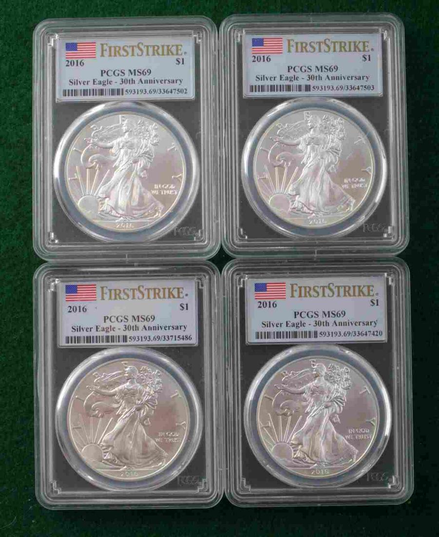 4 SILVER EAGLE 2016 1ST STRIKE PCGS MS69 30TH ANN: 4 PCGS graded and encapsulated Silver Eagle 2016 30th Anniversary MS69 .999 fine silver coins