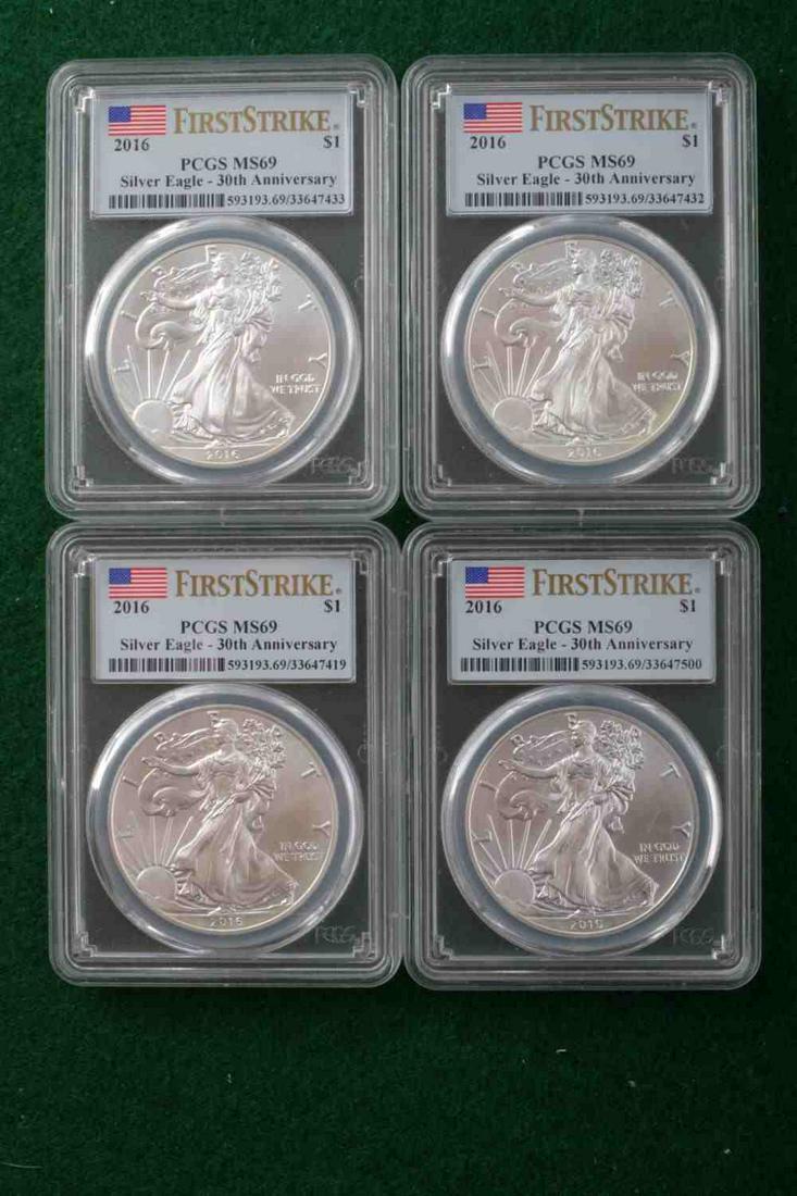 4 SILVER EAGLE 2016 1ST STRIKE PCGS MS69 30TH ANN: 4 PCGS graded and encapsulated Silver Eagle 2016 30th Anniversary MS69 .999 fine silver coins