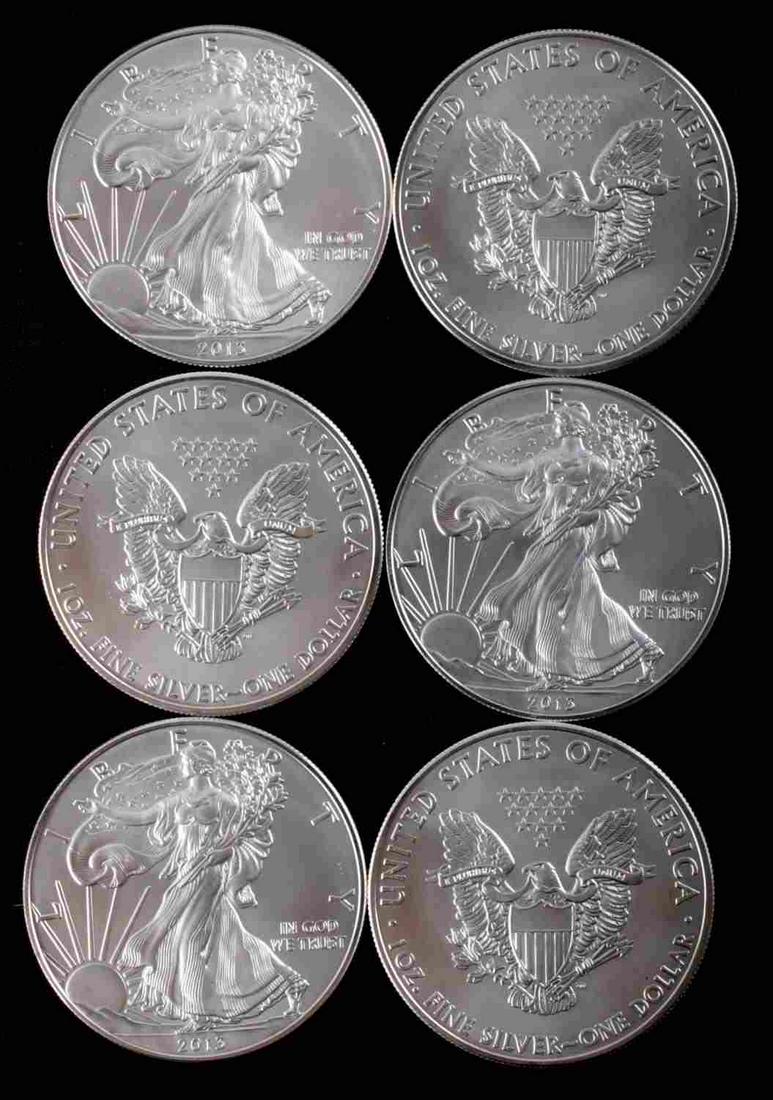 6 AMERICAN EAGLE 1 OZ FINE SILVER COINS: 6 Brilliant uncirculated 1 oz American Eagle silver coins