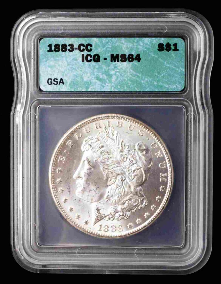 1883 CC MORGAN SILVER DOLLAR MS64: ICG graded and encapsulated 1883 Carson City minted Morgan Silver Dollar.