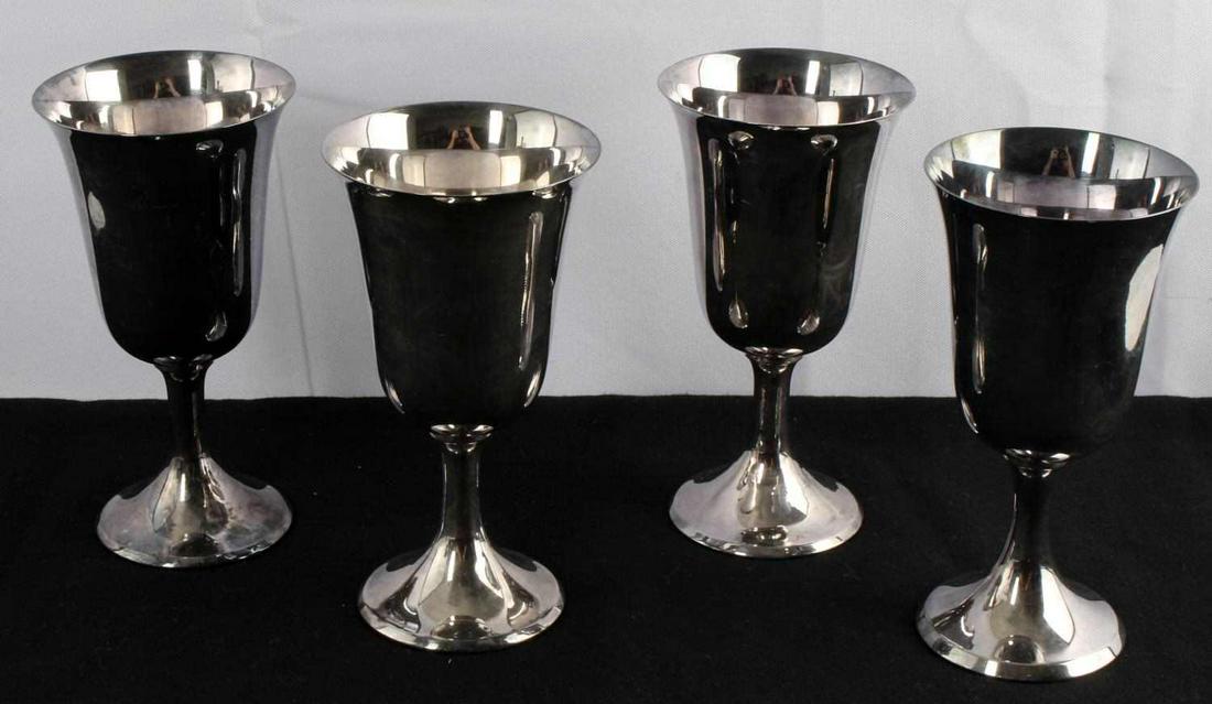 4 JAPANESE MEIJI HATTORI KINTARO SILVER GOBLETS: 4 Silver goblets hallmarked 970. Swallow inside a rectangle cartouche identified as Hattori Kintaro (founder of Seiko) Hallmark is on one of the goblets. This hallmark dates to Meiji Period Japan. Tot