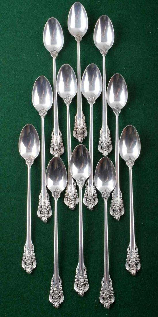 1941 WALLACE GRANDE BAROQUE STERLING SILVER: 12 Wallace Sterling Silver Ice Tea Spoons (length 7.5 inches). Pattern: Grande Baroque. Production date 1941. Total weight 448 grams. This lot has a reserve.