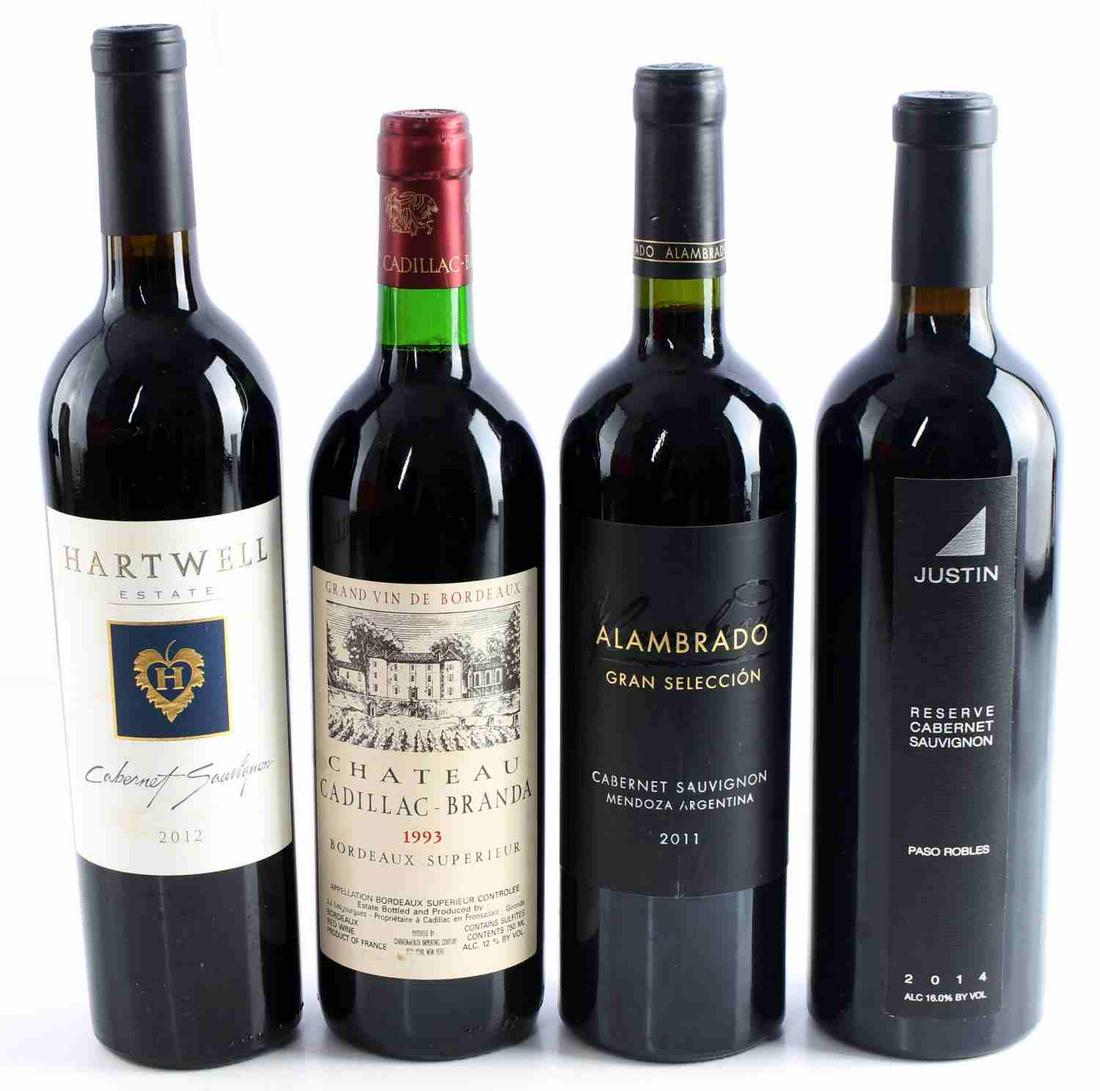 4 BOTTLE WINE LOT HARTWELL 2012 JUSTIN ALAMBRADO: All have been impeccably store, high fils, sealed corkage, and very good labels all 750 Mil. and include Hartwell estate 2012 cab, Chateau Cadillac Branda 1993 Bordeaux, Justin 1014 Reserve Cab. Paso 