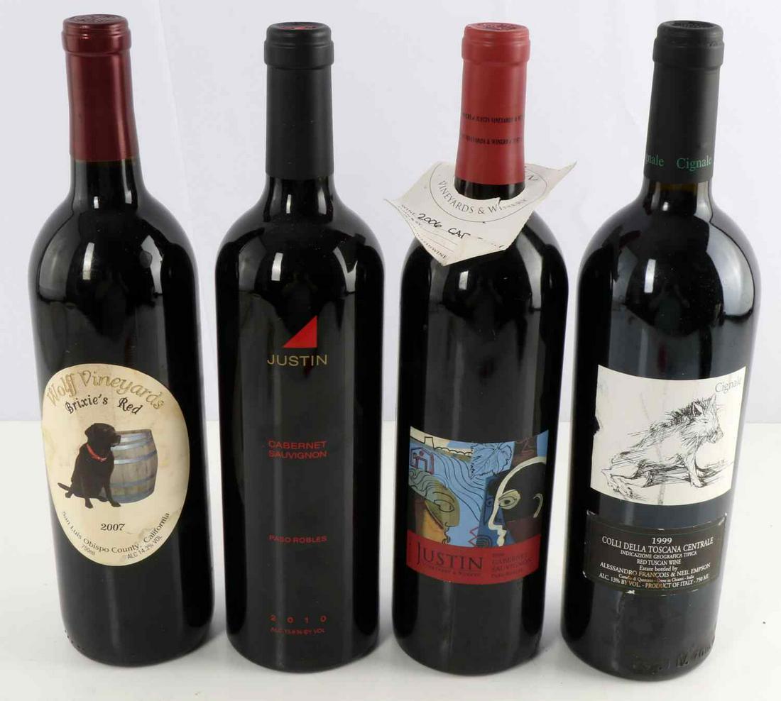 4 BOTTLE WINE LOT JUSTIN CIGNALE WOLFF CAB TUSCANA: All bottles always properly stored, very good fill levels, tight and sealed corks, include 1999 Cignale red Tuscan, 2006 Justin Cab, Paso Robles, 2010 Justin Cab, Paso Robles, and 2007 Wolff Brixie's 