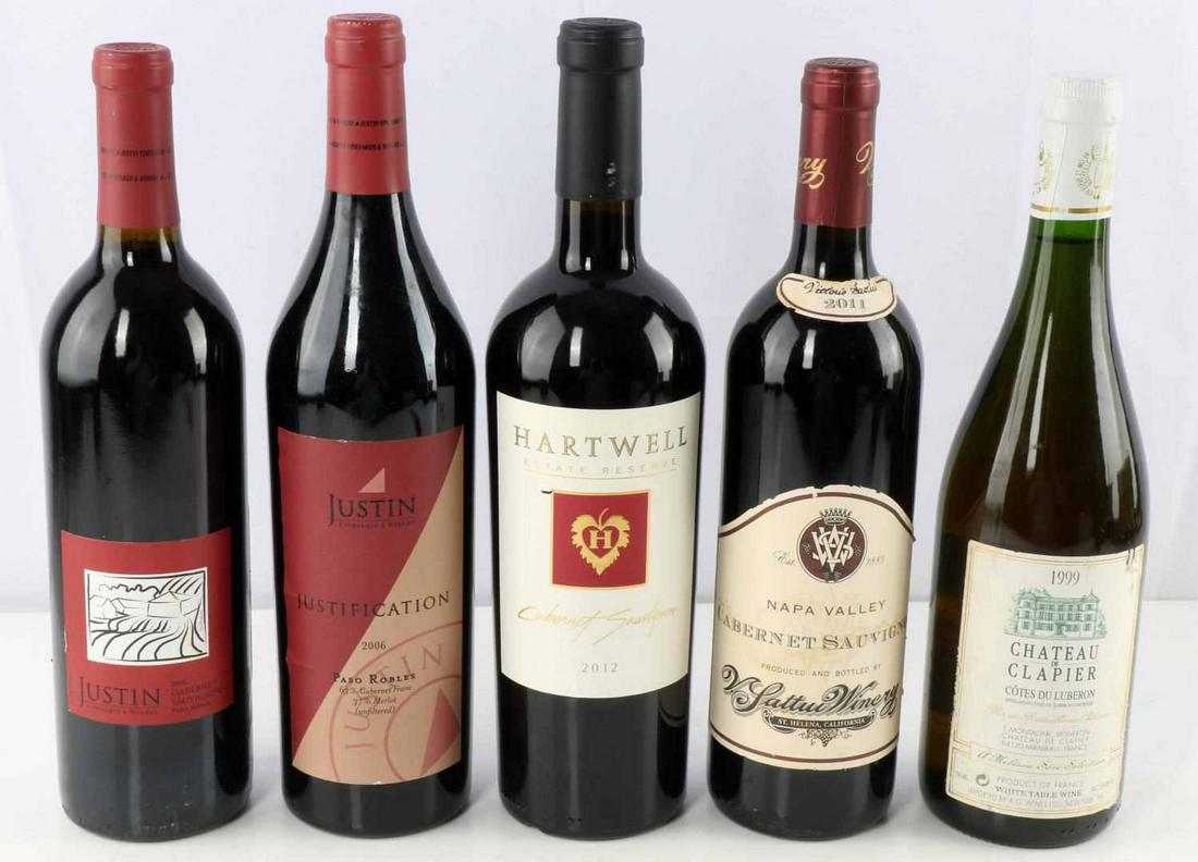 5 BOTTLE WINE LOT SATTUI HARTWEL JUSTIN 99 TO 2012: All have been stored on their sides with little to no light, high fills, sealed corkage, and very good labels all 750 ML. Wine includes 2011 V. Sattui Cabernet Sauvignon, 2012 Hartwell Estate Cabernet