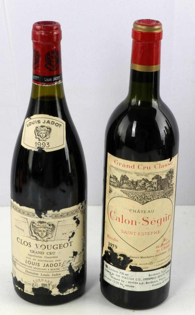 1993 LOUIS JADOT & 1979 CALON SEGUR GRAND CRUS: Bottle One: 1993 Louis Jadot Clos Vougeot Grand Cru. In Neck Ullage. Review: "A big wine in a beautiful package. From the deep color, through the perfumey spice, mint and game aromas, to the rich plum