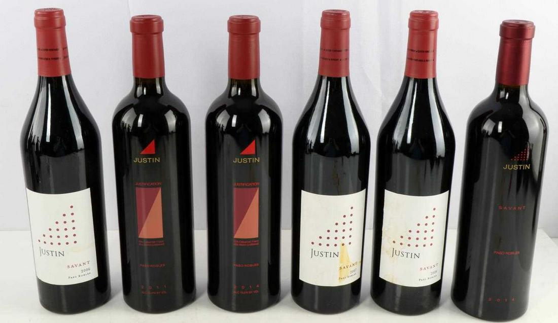 SIX BOTTLES OF JUSTIN SAVANT & RED BLEND VARIETIES: Six Bottles of Justin Savants and Red Blends. One 2011 Justin Justification Red Blend (59% Cabernet Franc, 41% Merlot). One 2014 Justification Red Blend (55% Cabernet Franc, 45% Merlot). One 2014 Just