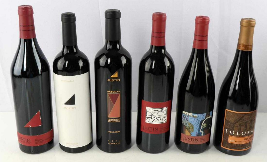 SIX BOTTLES OF JUSTIN AND TOLOSA RED VARIETIES: Single bottles: Tolosa 2006 Syrah, Justin 2006 Syrah, Justin Isosceles 2013 Red Blend (75% Cabernet Sauvignon, 16% Cabernet Franc, 9& Merlot), Justin 2014 Right angle, Justin 2008 Cabernet Sauvignon, 