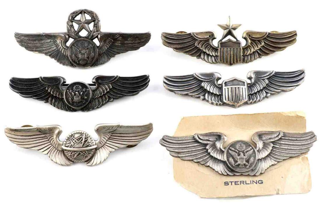 6 WWII STERLING SILVER AVIATOR PILOT WINGS: All ar3 3 inchers, all sterling WWII and early post war, includes Senior Pilot, Meyer, Clutchback, Navigator clutchback, Observer new old stock clutch back, Command pilot , clutchback, Observer , Amic