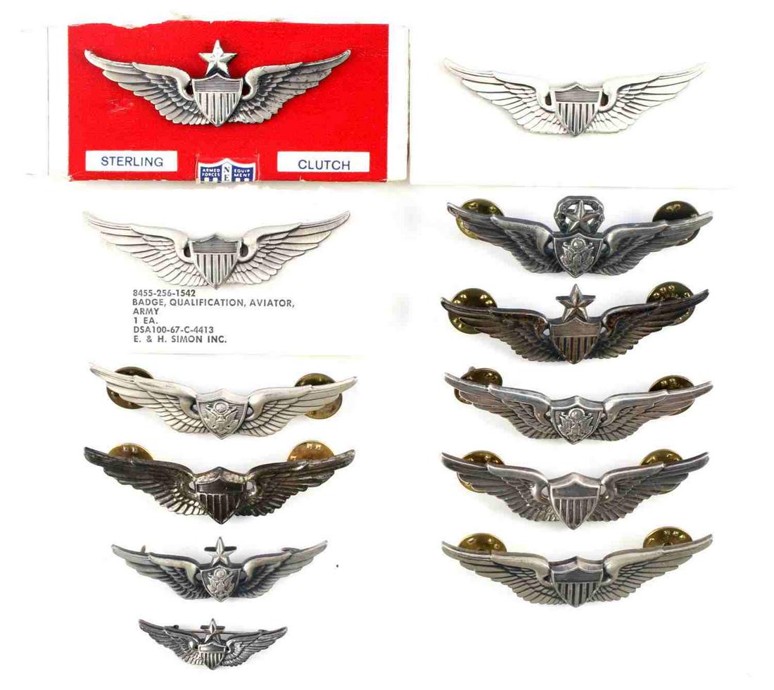 12 POST WAR TO VIETNAM STERLING PILOT WINGS: 10 Are sterling and stamped 2 on backs are not sterling, all are clutchback and range in size from 1 1/2 inch to 2 1/2, mixed maker.