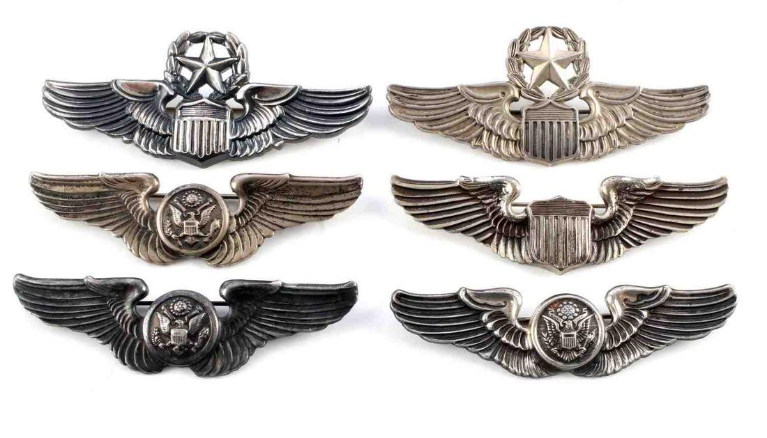 6 WWII 3 INCH STERLING PILOT AVIATOR WINGS: All are 3 inchers and pin back, one is not starling stamped but acid tests , 1 Amcraft , 3 Meyer and 2 without makers marks.