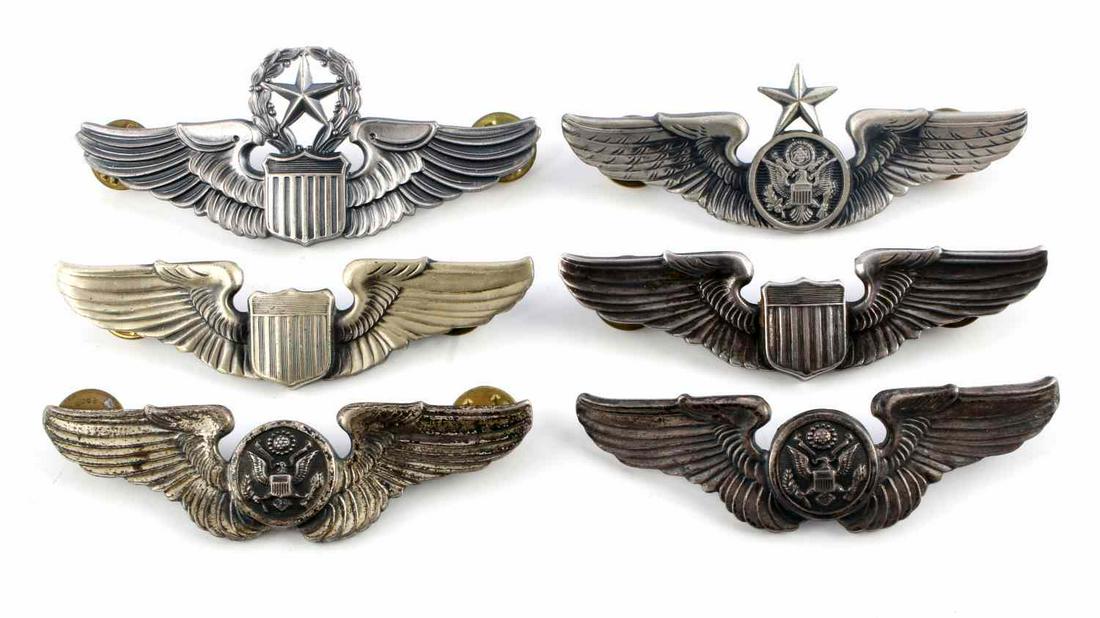 6 WWII PILOT AVIATOR STERLING CLUTCH BACK WINGS: All are 3 inchers, Pilot, Senior Pilot, Command pilot, and Observer, all are stamped sterling except one Observer and one pilot, although they acid test for sterling