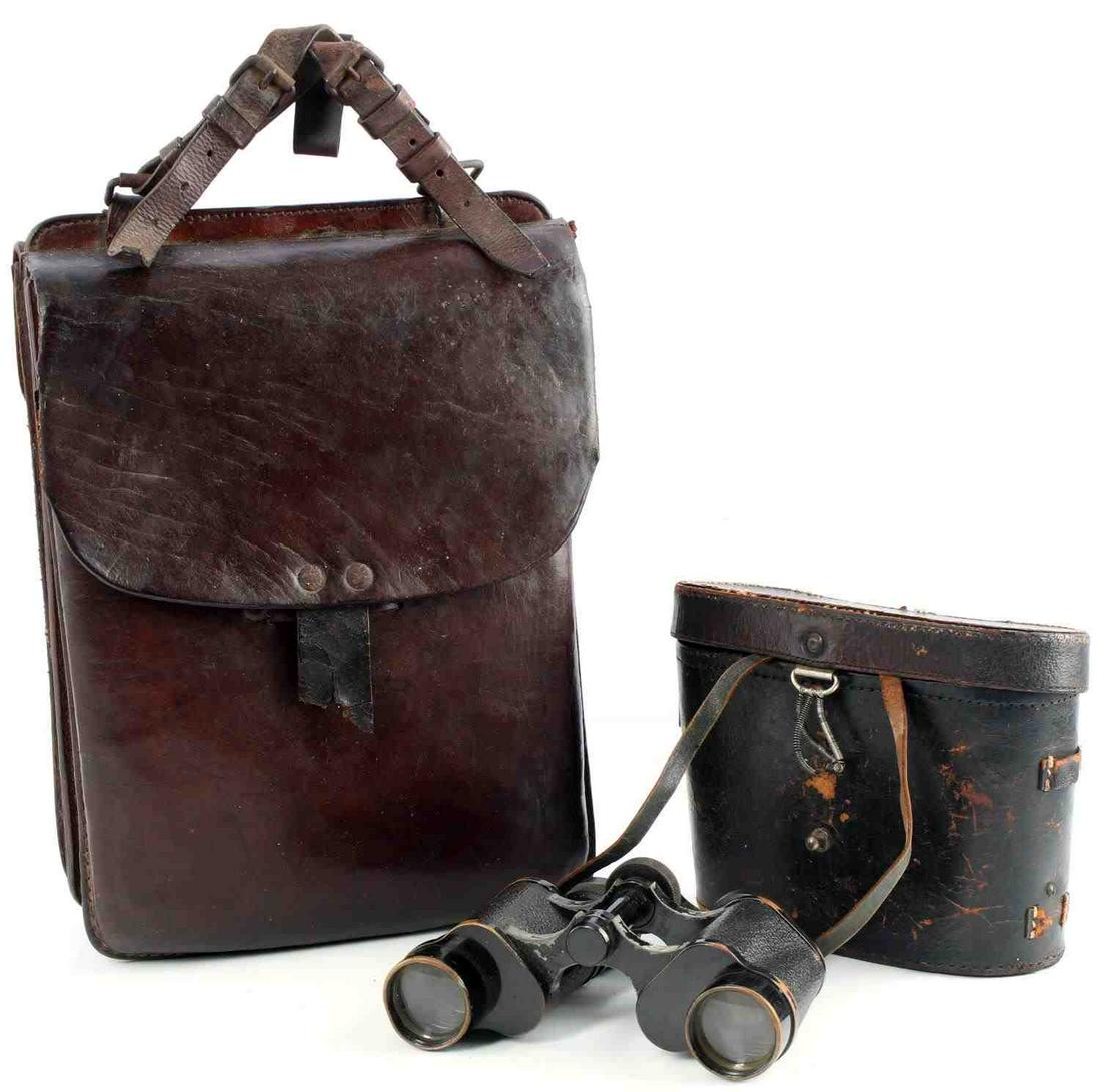 WWII JAPANESE LEATHER MAP CASE MESSTER BINOCULARS: Two items: Japanese leather map case with multiple pockets, front closure clasp is torn and missing, otherwise good condition, measures 11 X 8 X 3.5 inches, and a pair of Messter Berlin 8 X 30 binocul