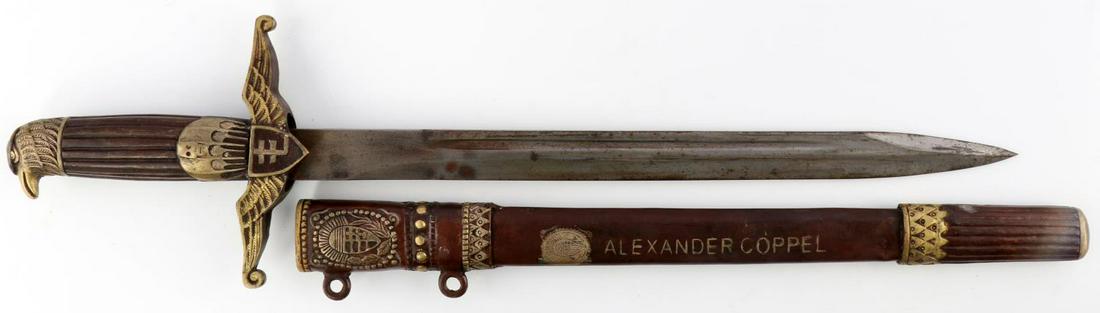 WWII HUNGARIAN ALEXANDER COPPEL PARATROOPER DAGGER: WWII Hungarian Alexander Coppel Paratrooper Dagger, measures approx. 17.25 inches in total length with a 12.25 inch blade. Obverse of blade is marked "Alexander Coppel ACS" near ricasso. Single edge b
