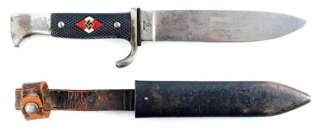 WWII GERMAN THIRD REICH HITLER YOUTH KNIFE DAGGER: WWII German Third Reich Hitler Youth HJ Knife & Scabbard. Maker marked "RZM M7/5" for Julius Krebs. Measures10 1/4 inches. Includes the black painted metal scabbard with the attached black leather bel