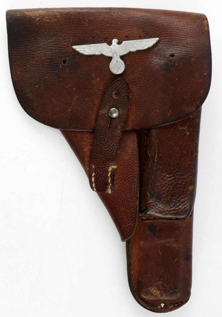 WWII GERMAN BROWNING HI POWER 9MM PISTOL HOLSTER: Brown leather holster for a Browning 9mm pistol, marked JKH 4 with German visor cap nazi eagle. Few holes made by previous owner. Good condition.