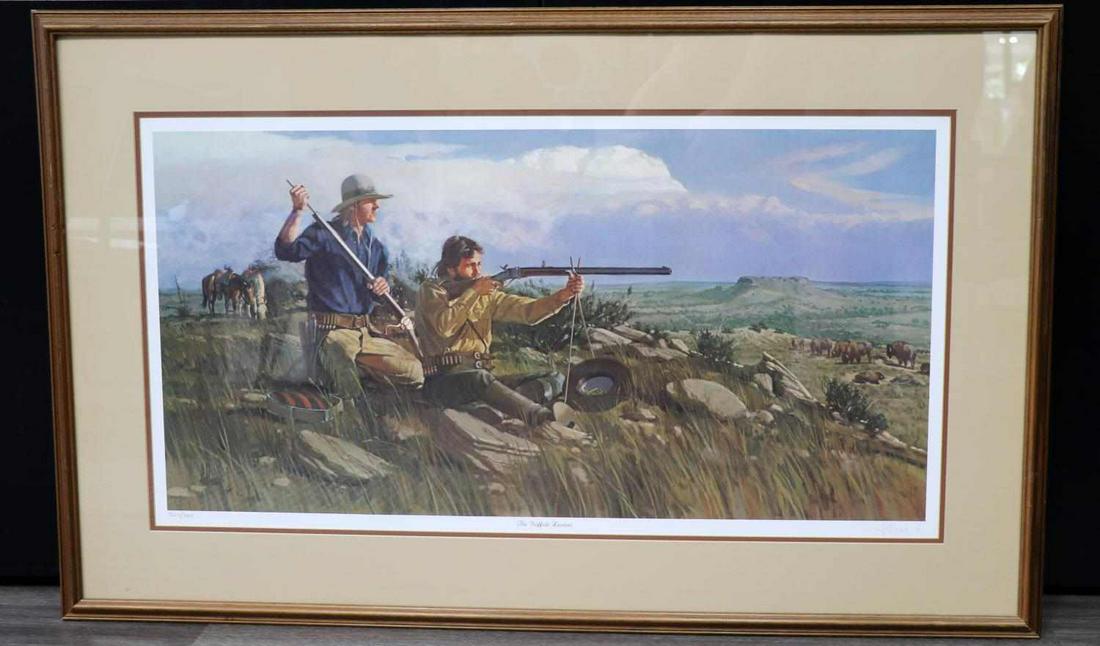 FRED FELLOWS BUFFALO HUNTERS LIMITED SIGNED PRINT: With artist details on reverse, signed Fred Fellows, limited edition 324/1000. "Buffalo Hunters" out of Ft. Griffin. Framed measuring 41 by 26 inches, print measures 33 by 18 inches.