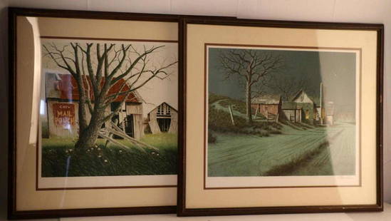 WAYNE COOPER FRAMED & SIGNED LITHOGRAPH PAIR 1960S: Wayne Cooper Signed and Framed Lithograph Print Pair, "Old Barn" & "Roadside Groceries," Circa 1960s. Artist's signature can be seen on bottom right of both prints. Frames measure 24.5X27.5 inches.