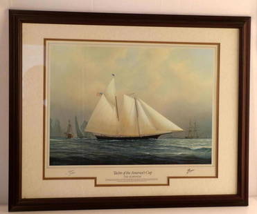 TIM THOMPSON YACHTS SCHOONER SIGNED LITHOGRAPH: Tim Thompson "Yachts of the Americas Cup-The Schooner" . Special edition signed lithograph. Framed and in very good condition measuring 31x25 inches, image 22x19 inches.