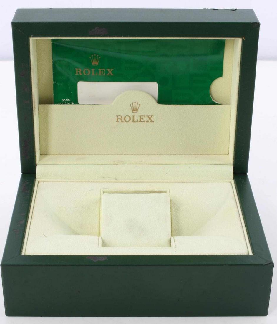 GREEN ROLEX WATCH BOX LEATHER SUEDE INTERIOR: Some damage to edges and scuffing to inside. In overall good condition.