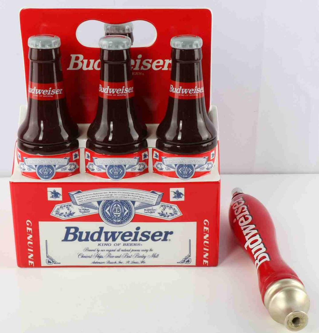1998 BUDWEISER TAP & SIX PACK CANISTER: Americas Favorites porcelain canister, full size, with vintage beer tap.