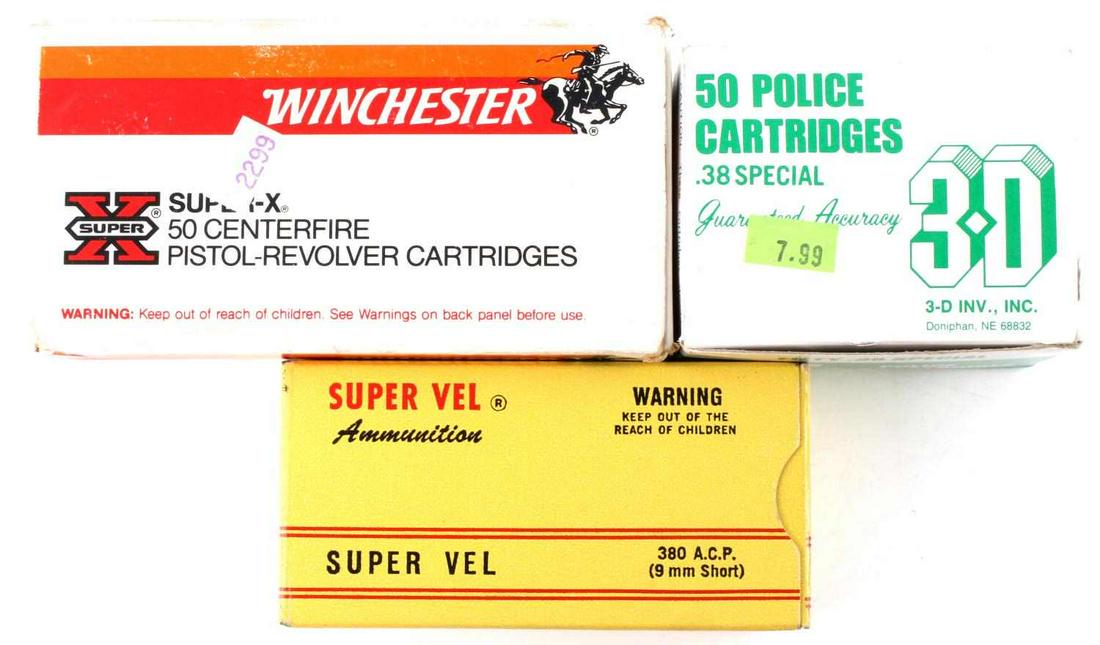 125 ROUNDS 38 SPECIAL 380 ACP POLICE HANDGUN AMMO: 125 Rounds of 38 Special & 380 ACP Police Handgun Ammunition includes; 37 rounds of Winchester Super X 38 Special 110 Grain. Full box, 50 rounds of Super Vel 380 ACP 88 Grain JHP. 38 rounds of 3D Poli
