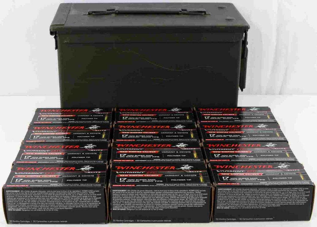 600 ROUNDS 17 WIN POLYMER TIP VARMINT AMMUNITION: Lot of 600 Rounds of Winchester Varmint High Velocity 17 Win Super Mag 20 Grain, 3000 FPS. 12 full boxes with 50 rounds each, total of 600 rounds. Comes with Ammo can.