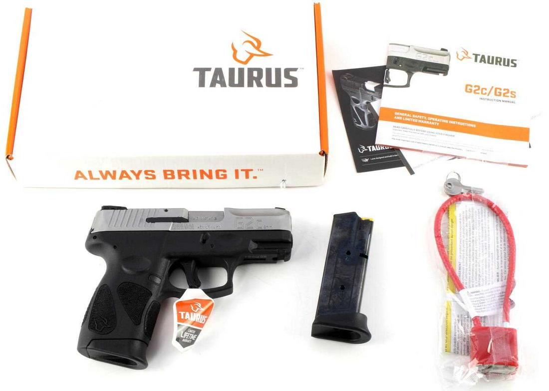 NIB TAURUS G2C 9MM SEMI AUTOMATIC HANDGUN: New in box Taurus G2C semi automatic handgun with two 12-round magazines. Two tone steel and polymer construction. Bright and clear bore. 3 inch barrel marked to right with serial number, manufacture,
