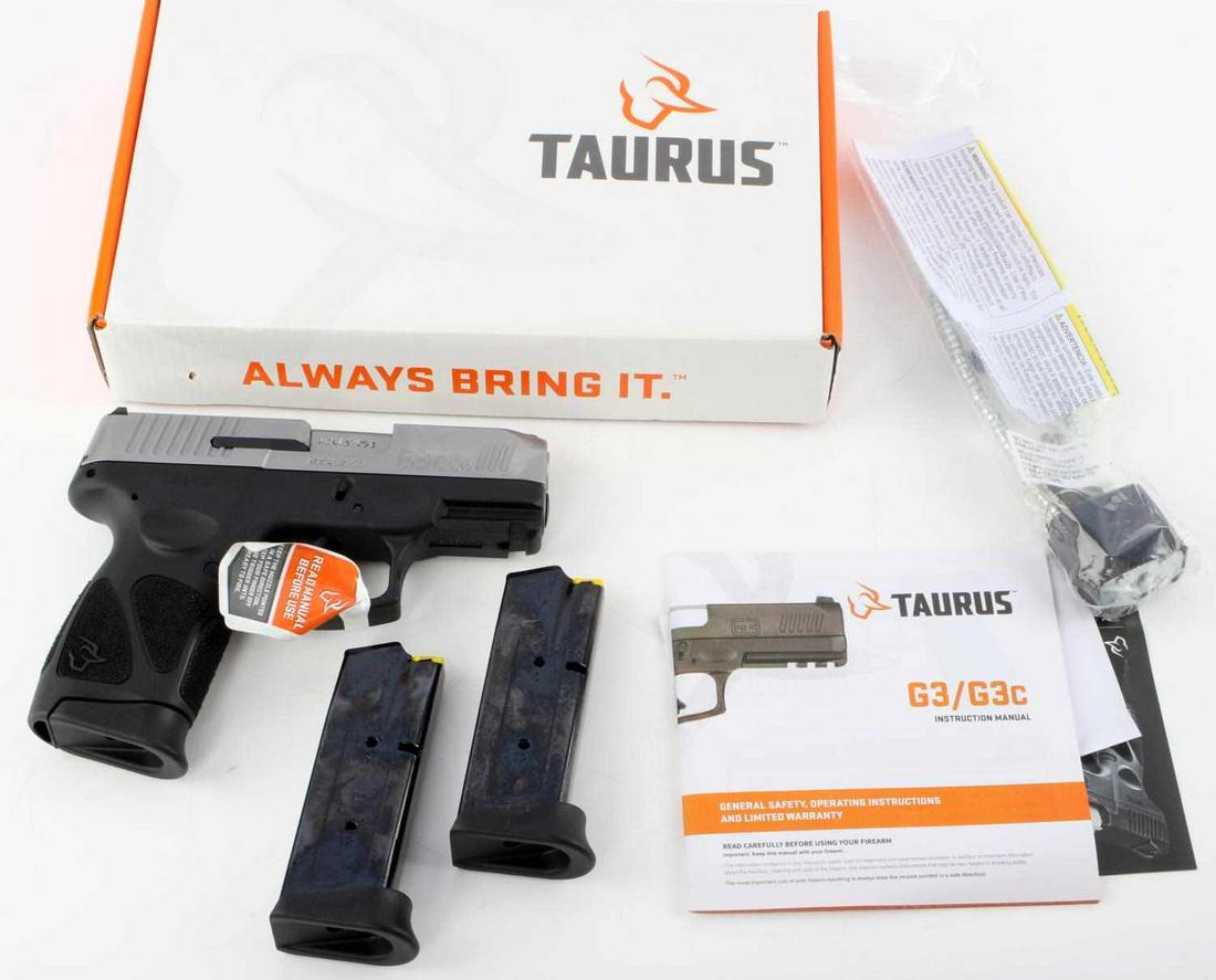 NEW TAURUS G3C 9MM LUGER PISTOL HANDGUN FIREARM: New Taurus G3c Luger Compact Pistol, measures approx. 6.5 X 5 inches in overall length with a 3.5 inch barrel. 9mm caliber, 12 + 1 round magazine capacity. Model: G3c (9mm Luger) 1-G3C939. Drift adjus