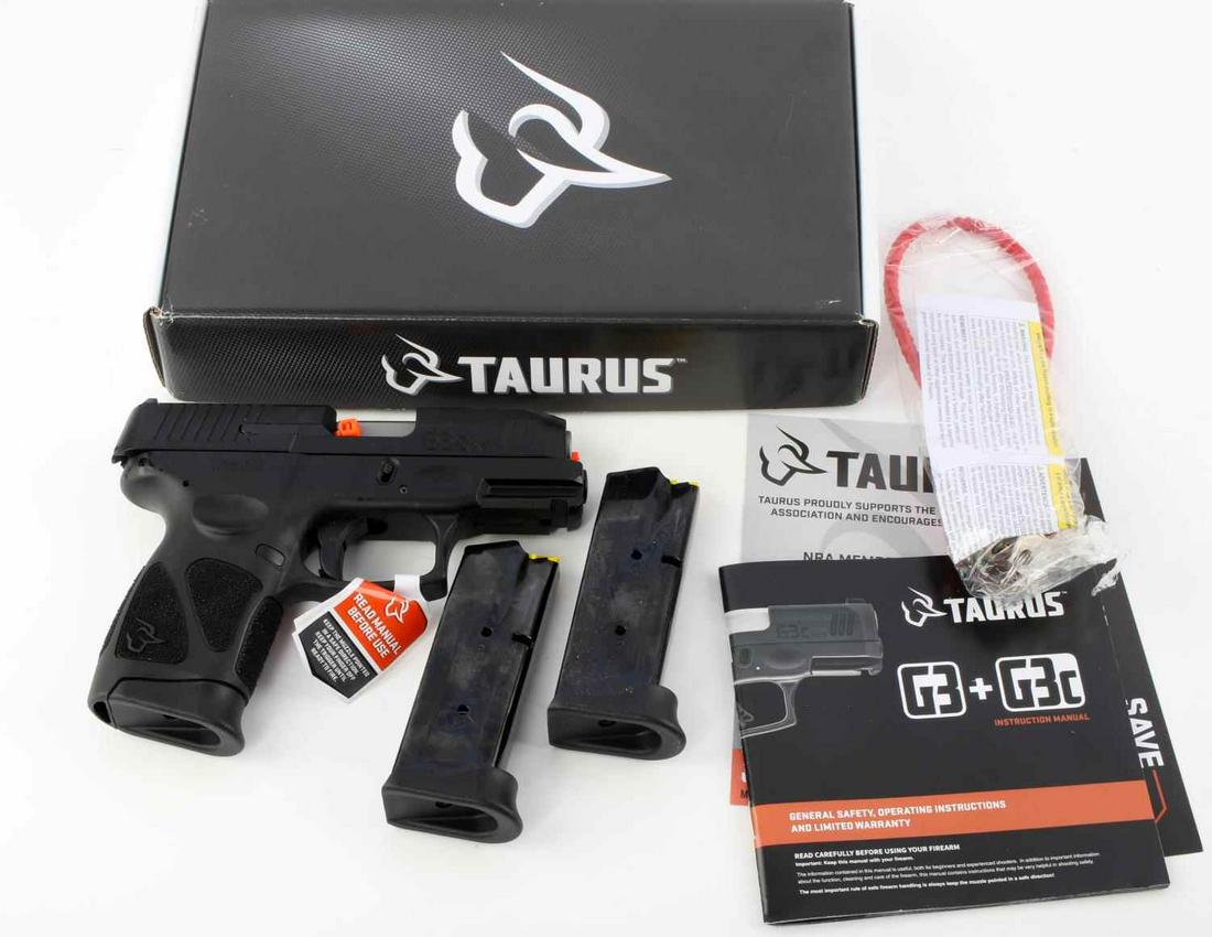 NEW TAURUS G3c 9MM LUGER PISTOL COMPACT HANDGUN: New Taurus G3c Luger Pistol Compact Handgun; measures approx. 6.5 X 5 inches overall with a 3.5 inch barrel length. 9mm caliber, 12 + 1 round capacity. Model 1-G3C931. Single action with restrike capa