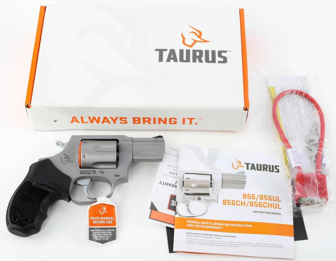 TAURUS DEFENDER 38 SPECIAL M856 REVOLVER FIREARM: New Taurus Defender 38 Special M856+P Revolver, measures approx. 6.5 X 5 inches. .38 special caliber, 6 round capacity. Serrated-ramp and fixed sights, alloy and matte stainless steel construction wit