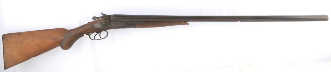 W.H. HAMILTON ANTIQUE PERCUSSION DBL SHOTGUN 12 GA: Double barrel, barrel reads Fine Damascus Belgium , W.H. Anderson on plate, S/N 6451 , barrel length 30 inches. In need of restoration, barrel struggles to stay locked, but trigger and hammers engage 