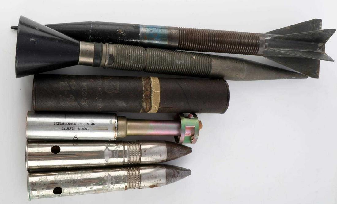 WWII LOT OF US ORDNANCE SHELLS & OTHER: WWII lof of US ordinance including two 37mm Mark II A2 shells marked "1942" with Ordnance Corps marking as well; includes a S5-Rub Signal Ground Red Star ClusterM52A1 flare; lastly what appears to be 